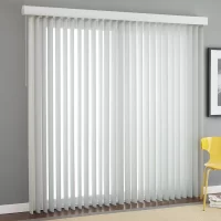 White Vertical Blinds mounted on window background grey wall.